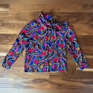 Vintage Colorful Floral Tie Neck Button-Up Blouse size Large
